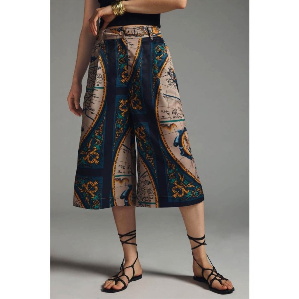 Anthropologie Teal Navy & Beige Wide-Leg Cropped Pants